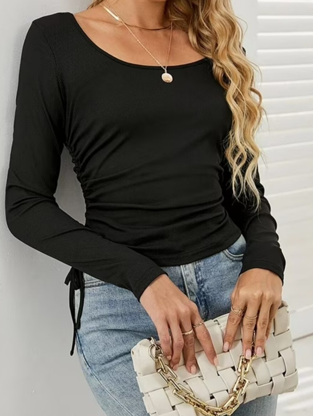 Wayf Black Ruched Cinch Side Ties Long-Sleeve Scoop Neck Top Size Small